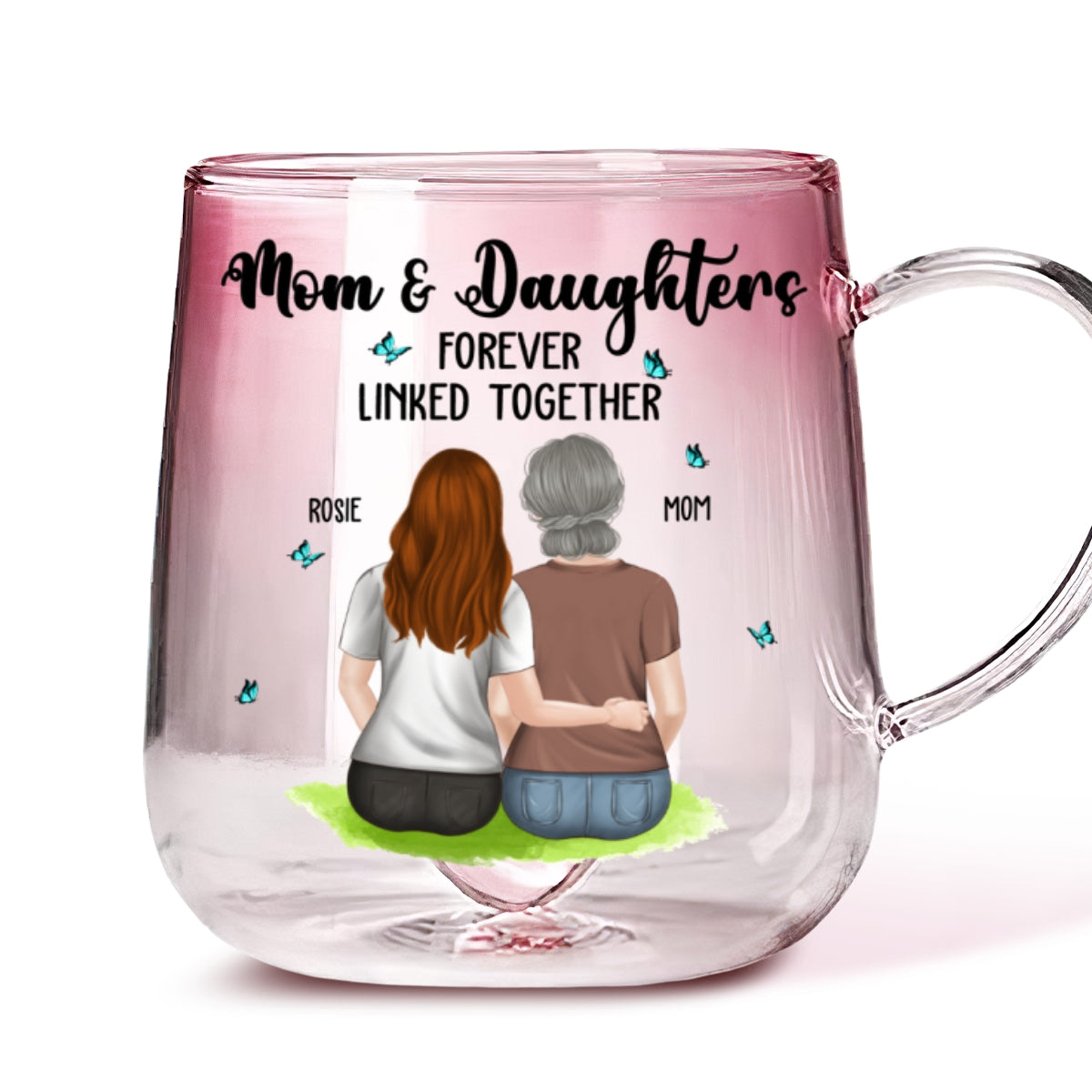 Mom And Daughter Connected by Love - Personalized Custom Pink Gradient Glass Mug