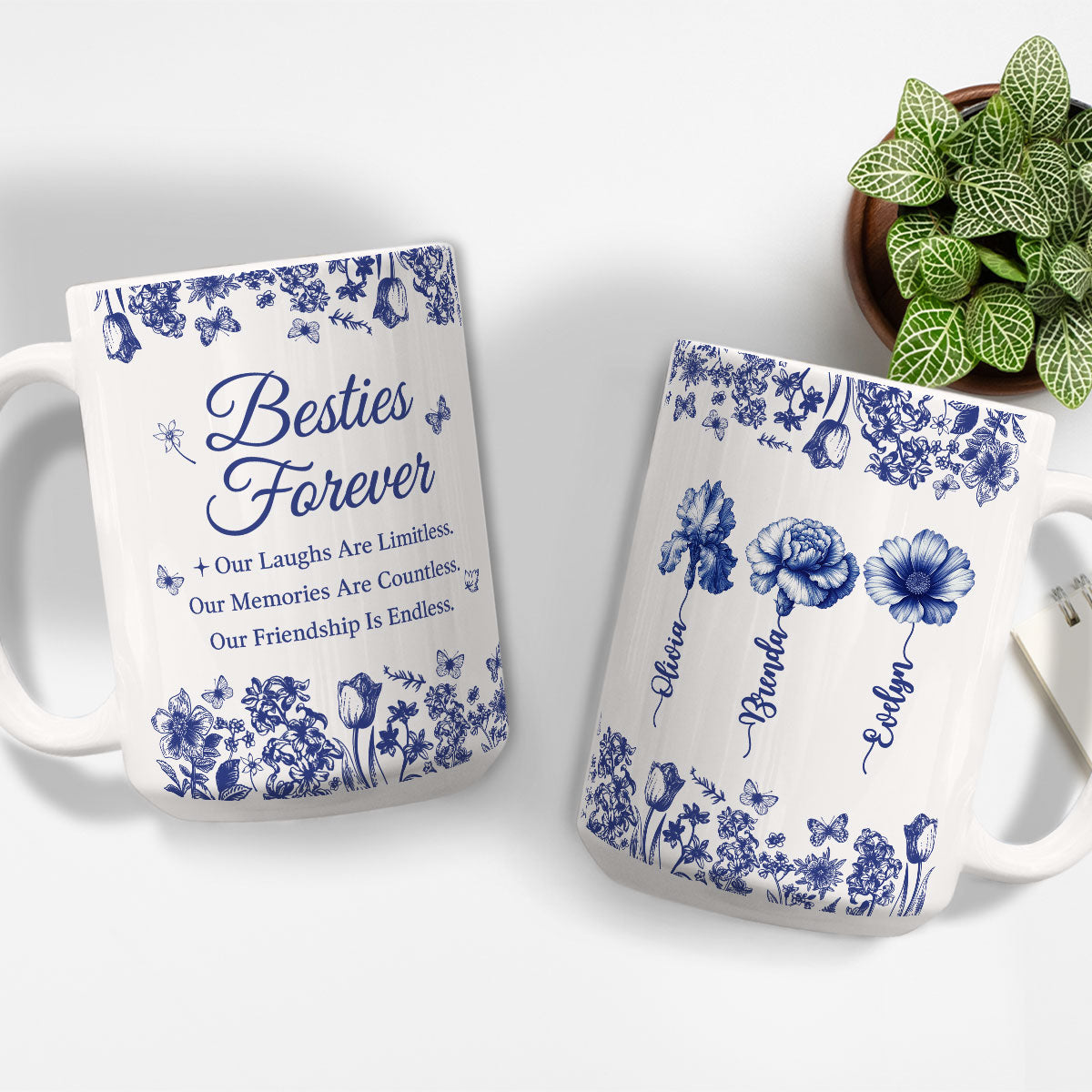Besties Forever Blue Toile - Personalized Custom Coffee Mug