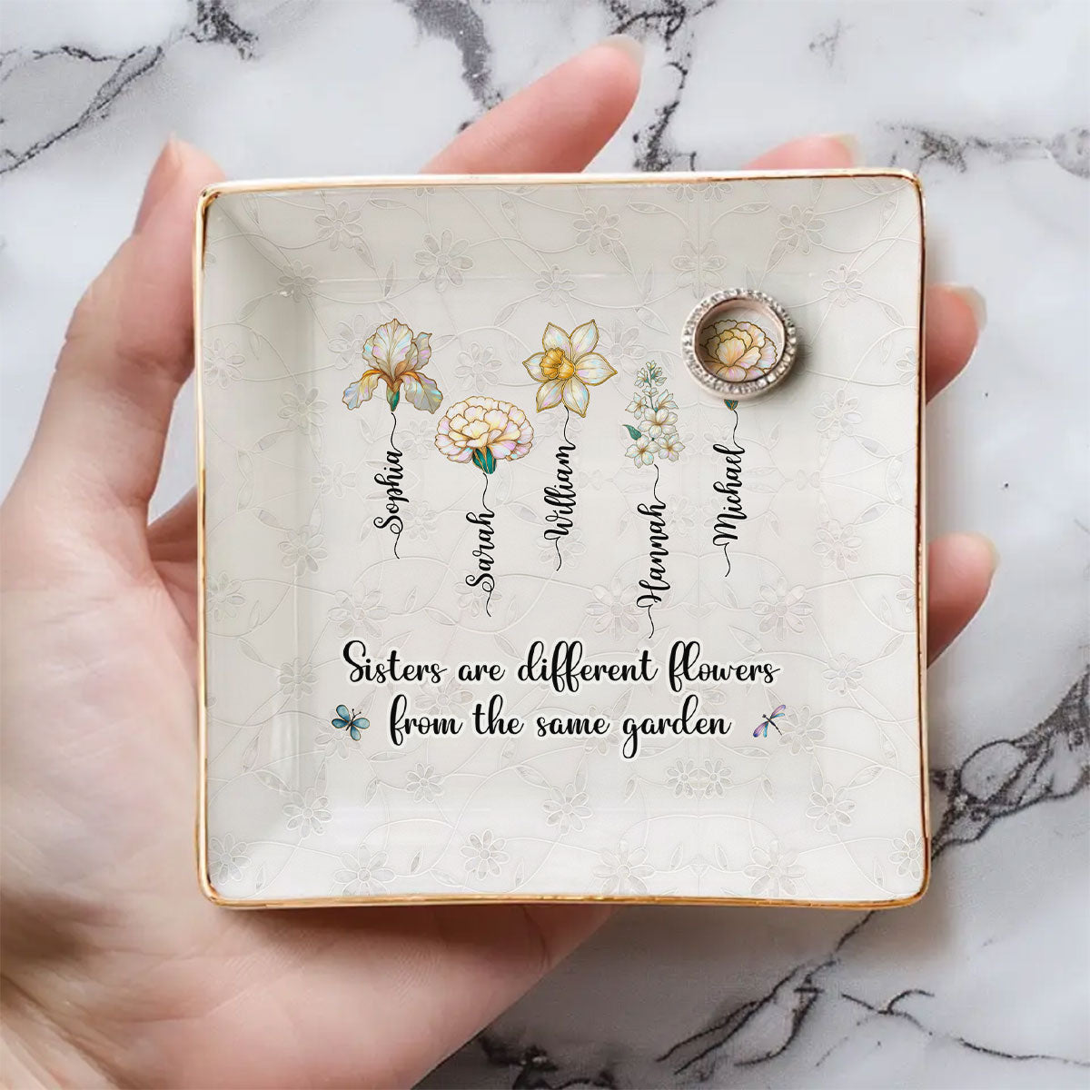 Sisters Are Flowers Mother Of Pearl - Personalized Custom Jewelry Dish