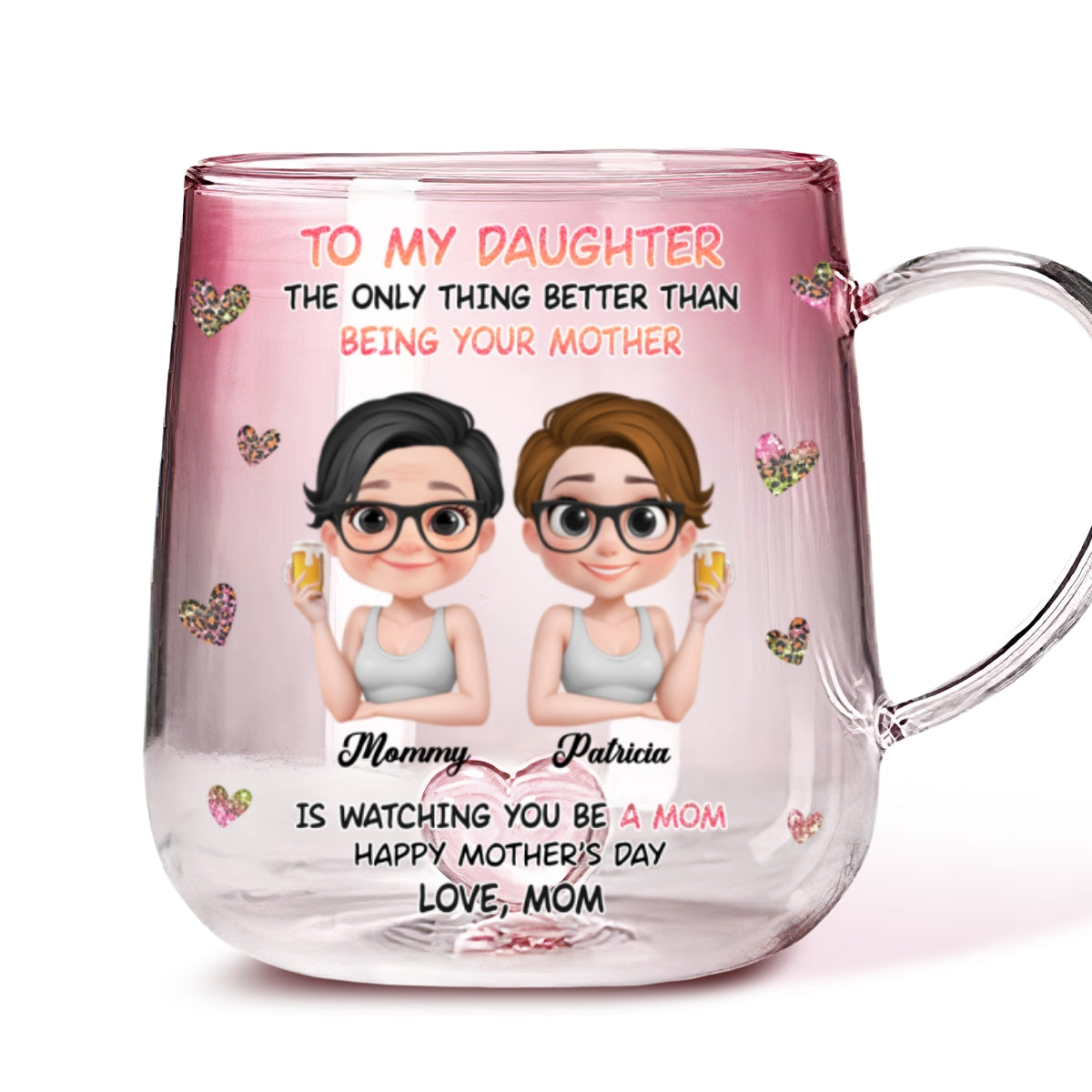 Watching You Be A Mom Cartoon - Personalized Custom Pink Gradient Glass Mug