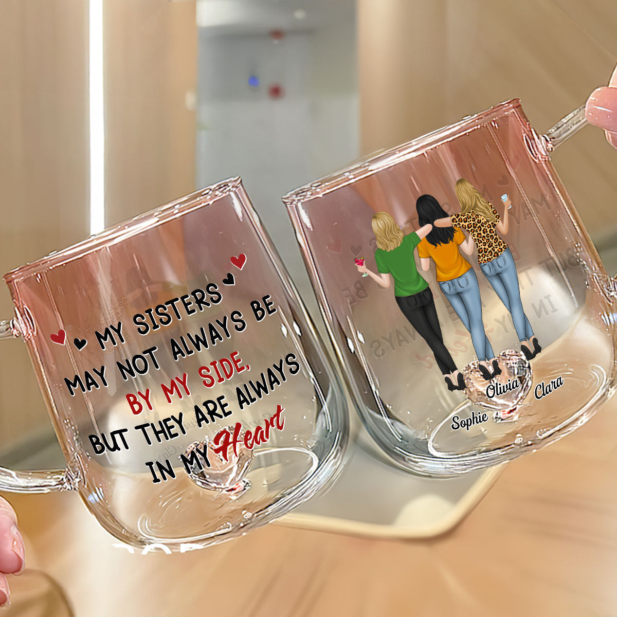 Sisters By Heart Not Distance - Personalized Custom Pink Gradient Glass Mug