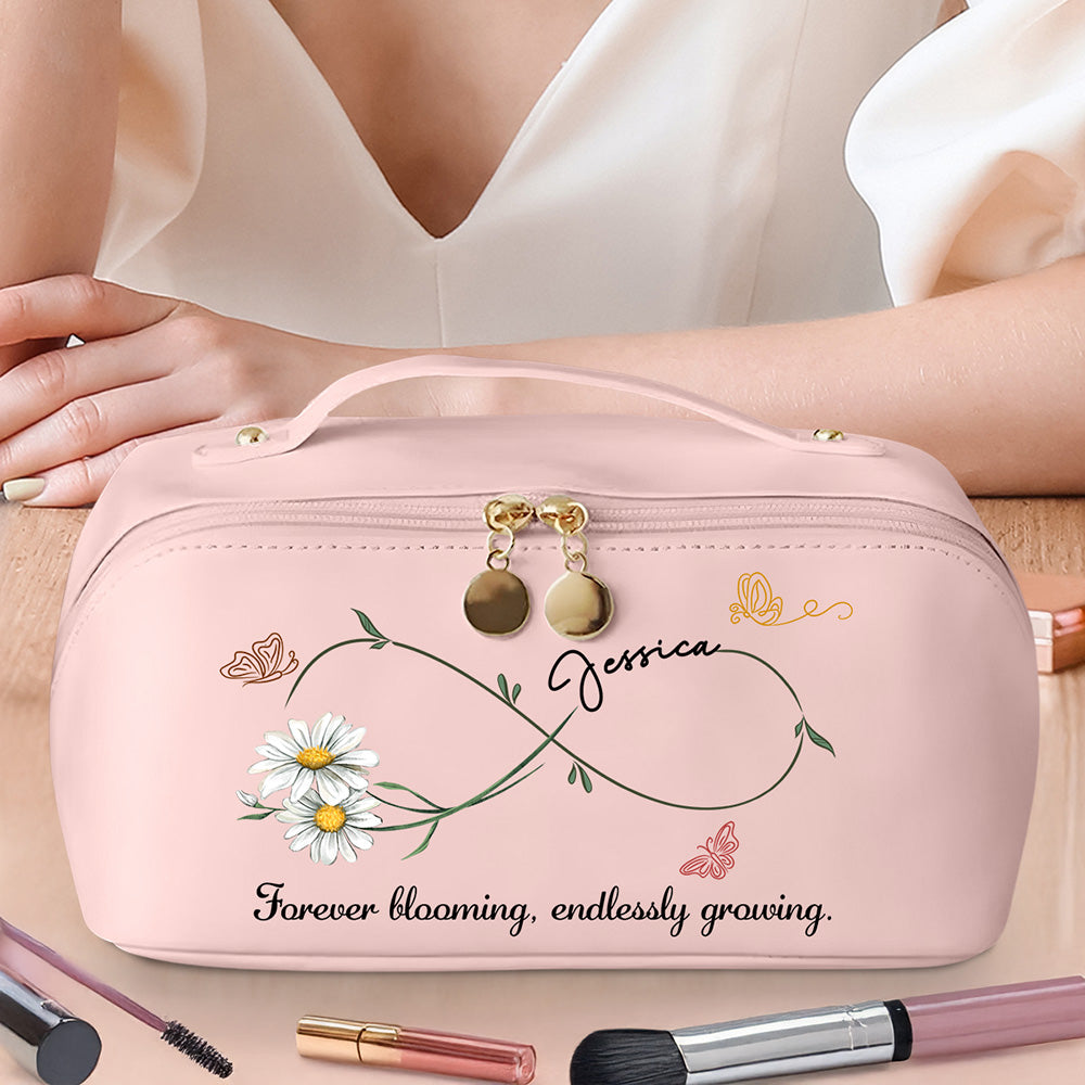 Forever Blooming, Endlessly Growing - Personalized Custom Leather Makeup Bag