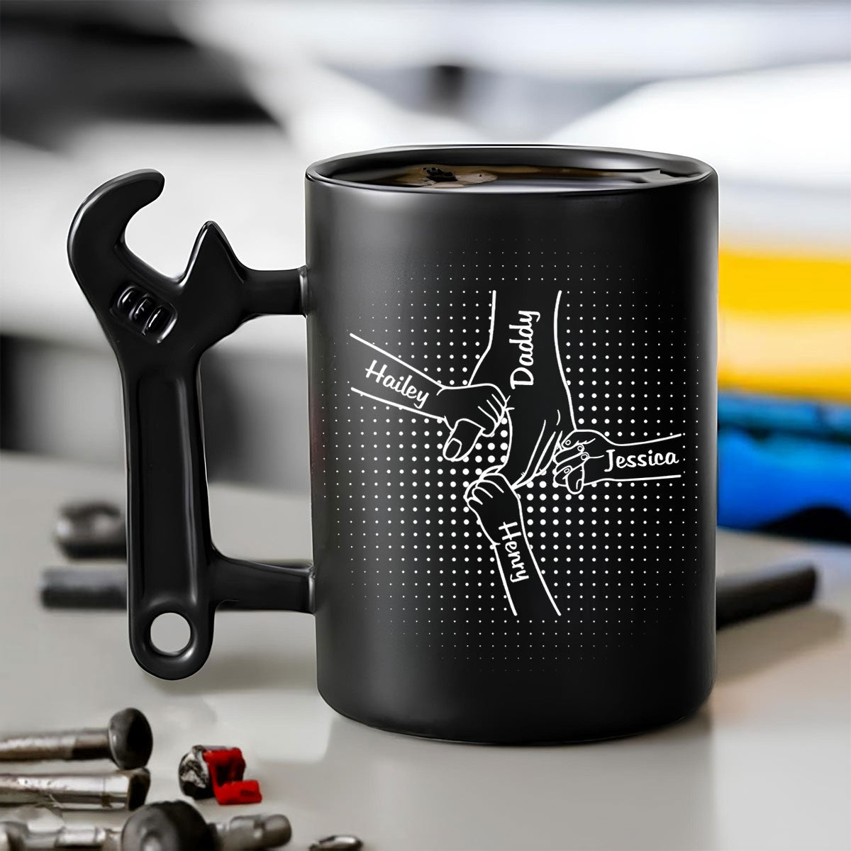 Hand In Hand With Daddy â€?Personalized Custom Wrench Handle Mug