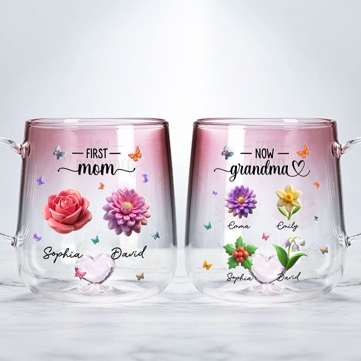 Grandma Birthmonth Flower - Personalized Custom Pink Gradient Glass Mug