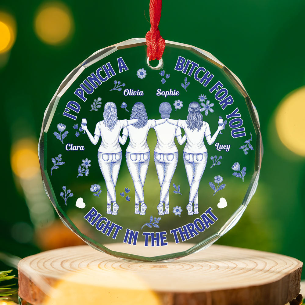 Punch Bitch Besties Blue Toile - Personalized Custom Glass Ornament