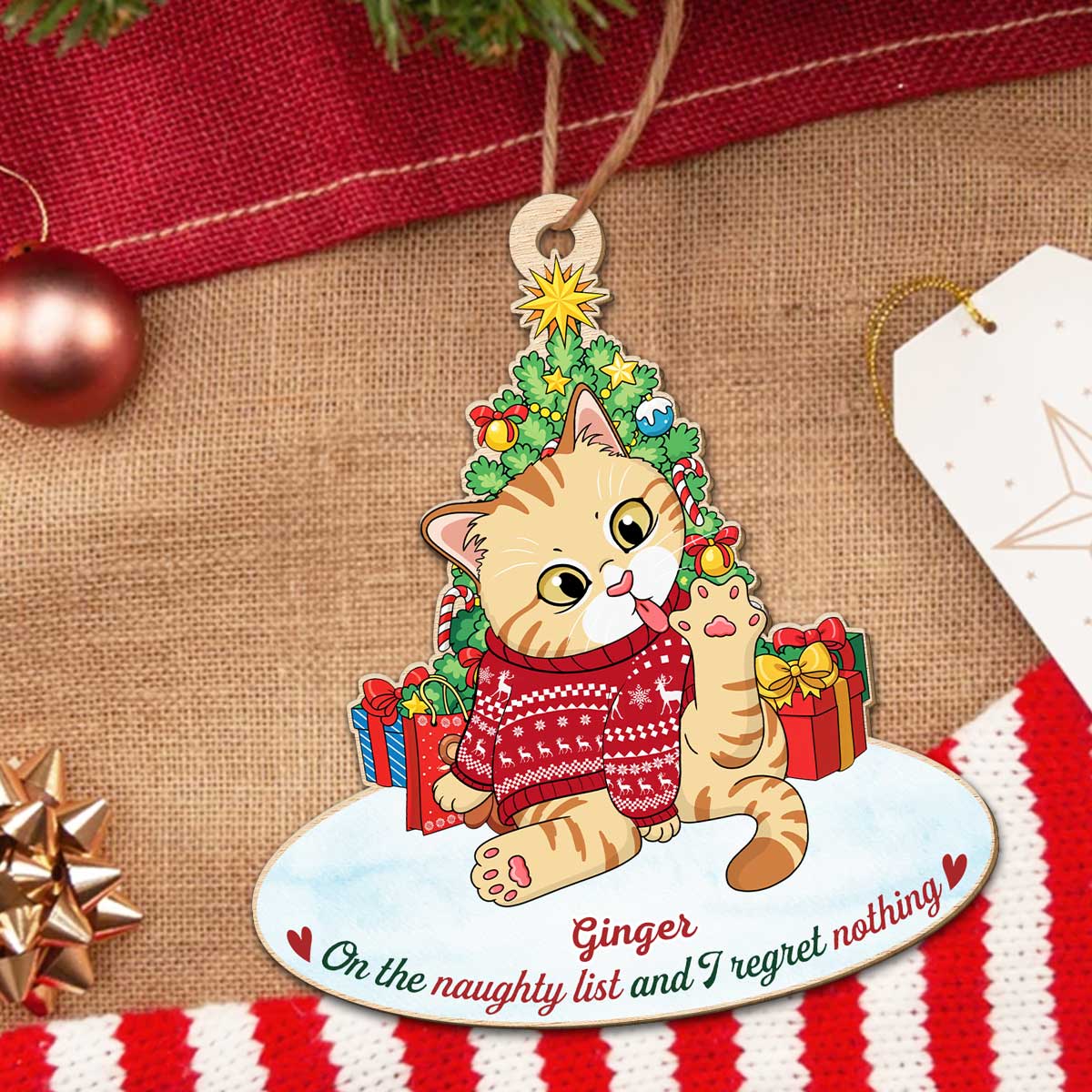 Naughty Cat Licking - Personalized Custom 1-layered Wood Ornament