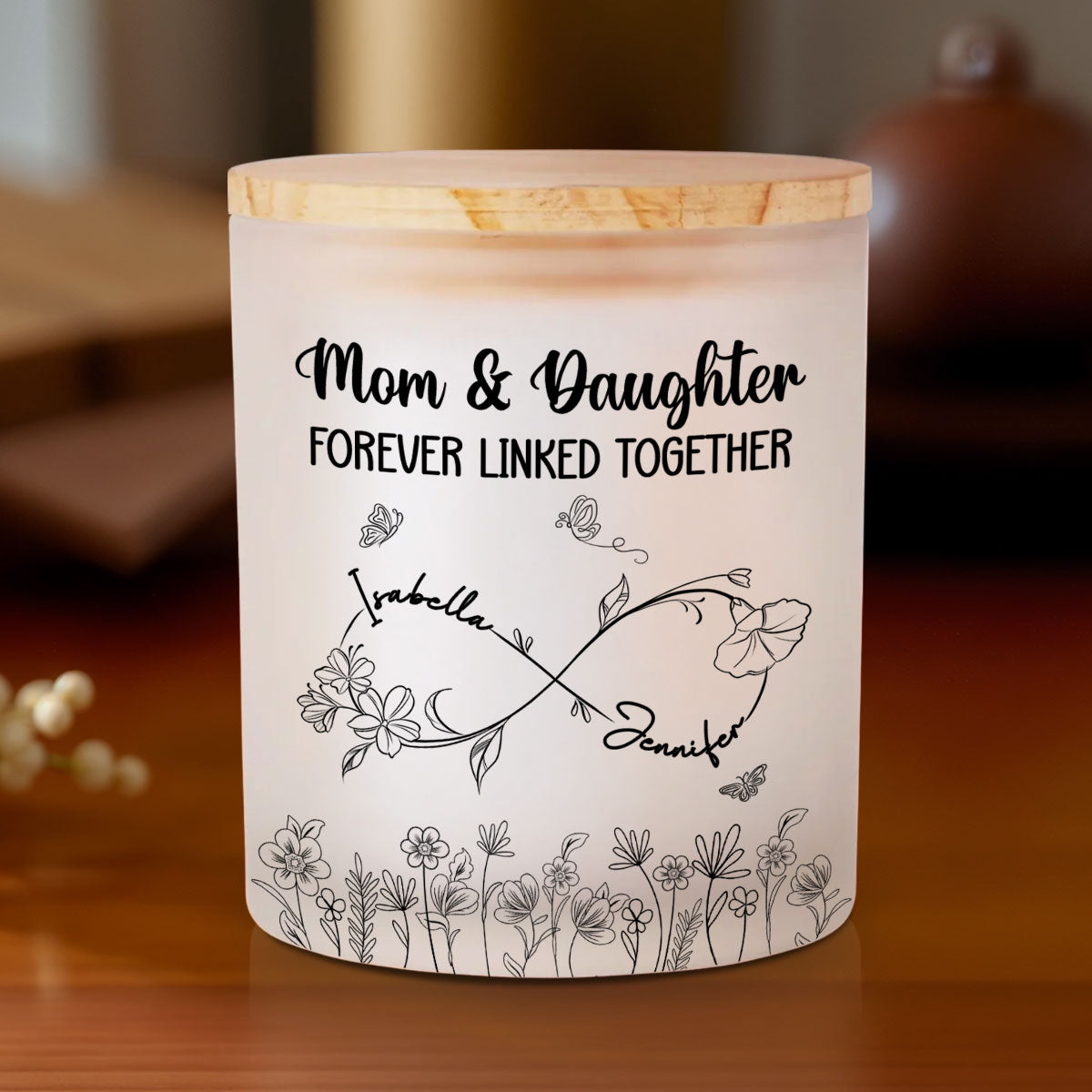 Mom And Daughter Forever Linked Together - Personalized Custom Glass Jar With LED Candle