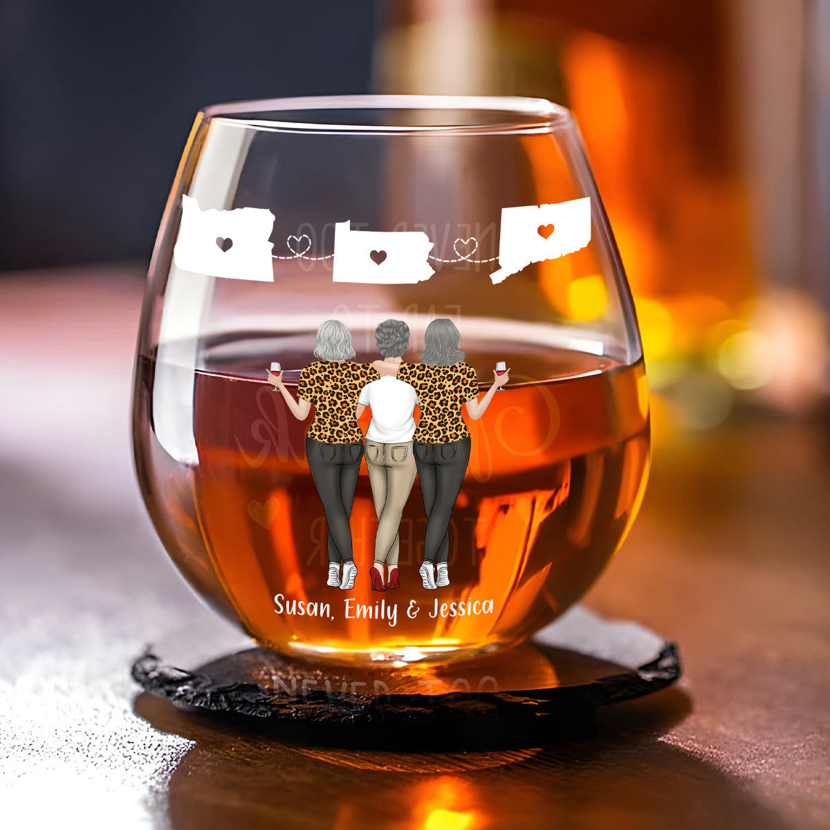 Never Too Far To Drink Wine Together - Personalized Custom Wine Glass