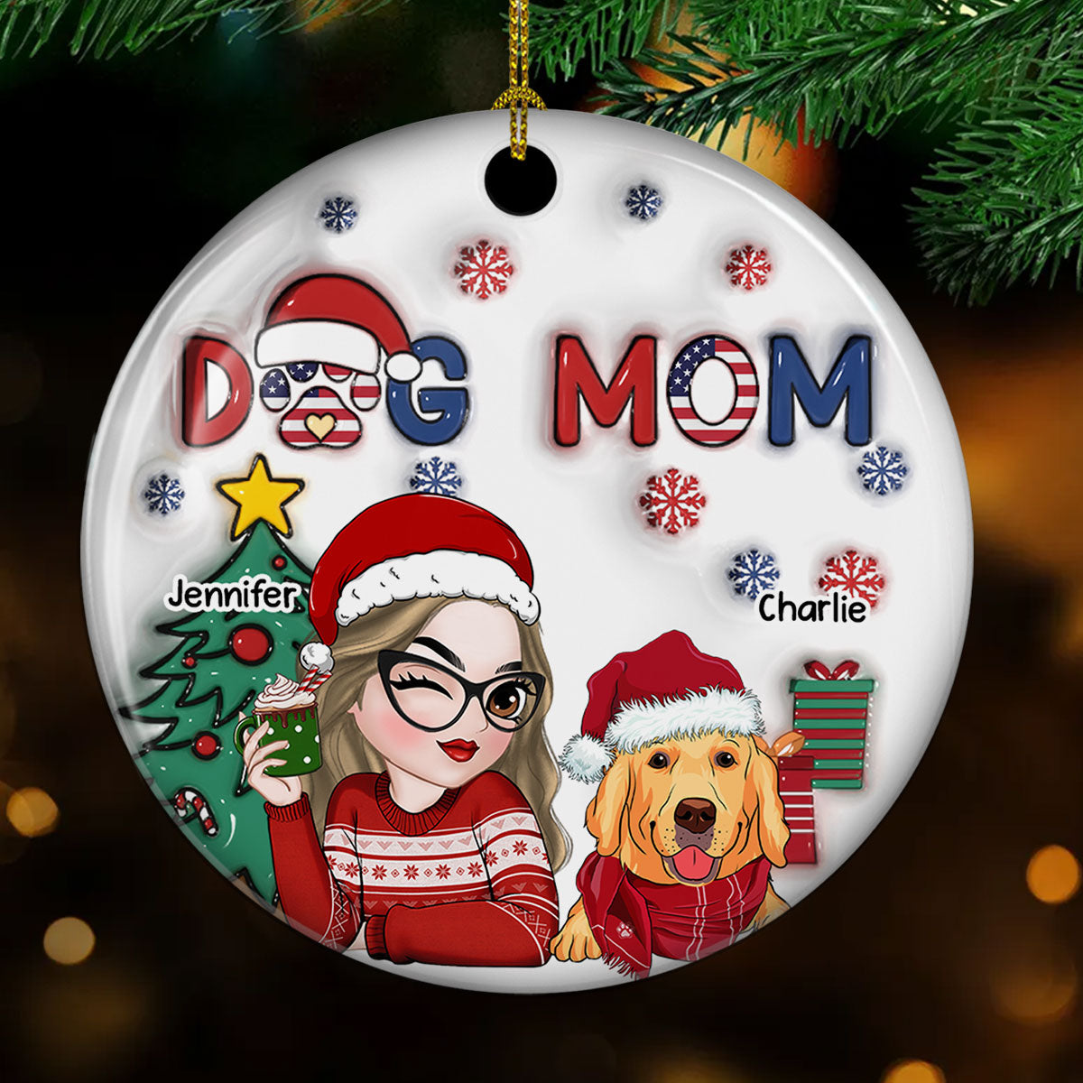 American Dog Mom Christmas - Personalized Custom 3D Inflated Effect Ceramic Ornament