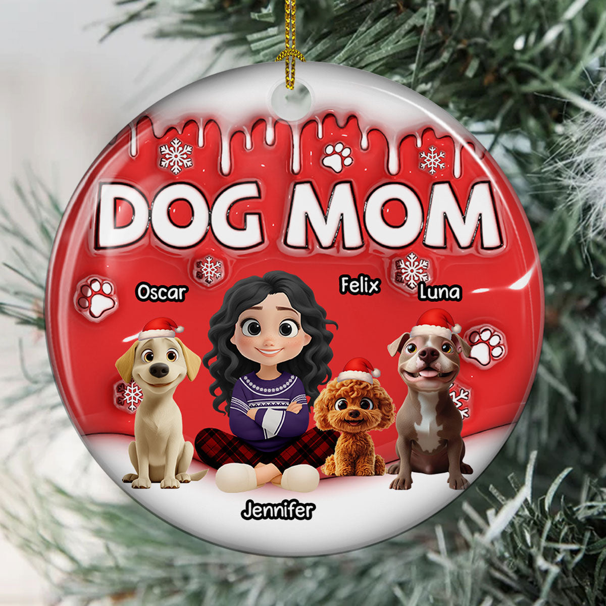Dog Mom Cartoon In Christmas - Personalized Custom 3D Inflated Effect Ceramic Ornament
