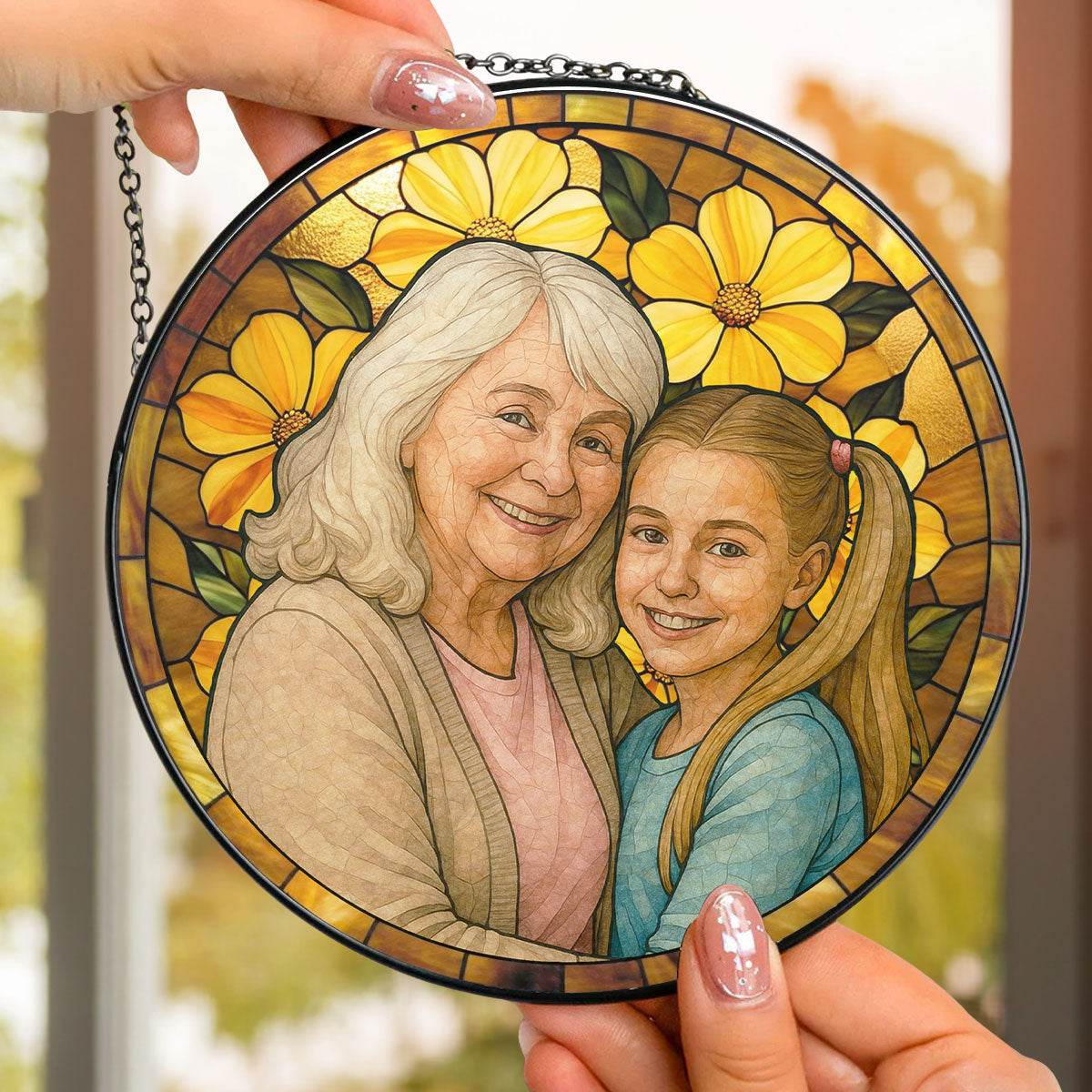 Custom Photo Portrait Grandma Family - Personalized Custom Window Hanging Suncatcher