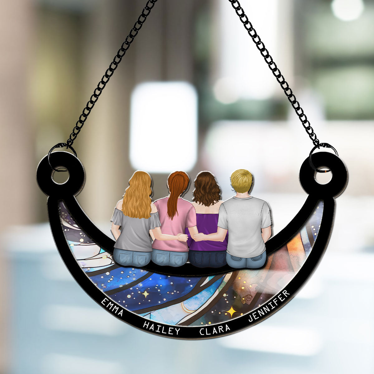 Mother And Children On The Moon - Personalized Custom Suncatcher