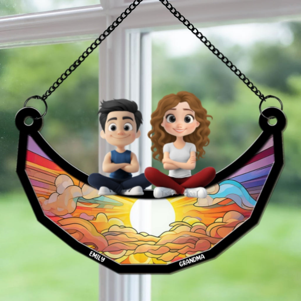 Children Grandma Mom Sitting On The Moon - Personalized Custom Suncatcher