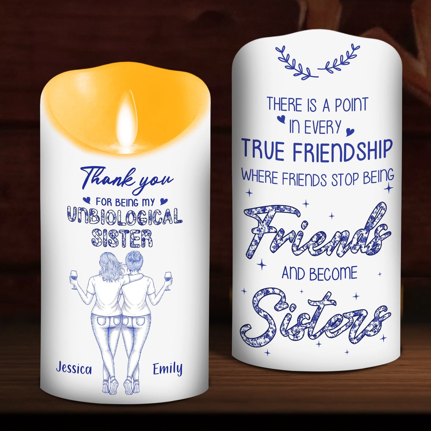 Where Friends Become Sisters Blue Toile - Personalized Custom LED Candle