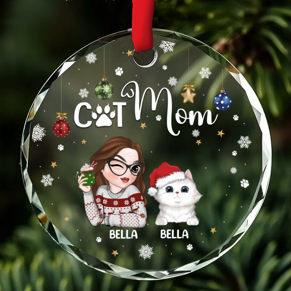Cat Mom - Personalized Custom Glass Ornament