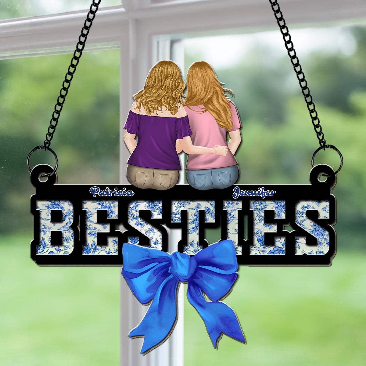 Bestie Blue Toile - Personalized Custom Suncatcher