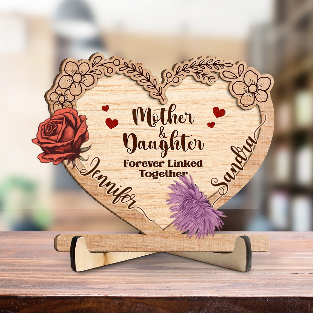 Linked Together Mom And Daughter - Personalized Custom Wooden Plaque