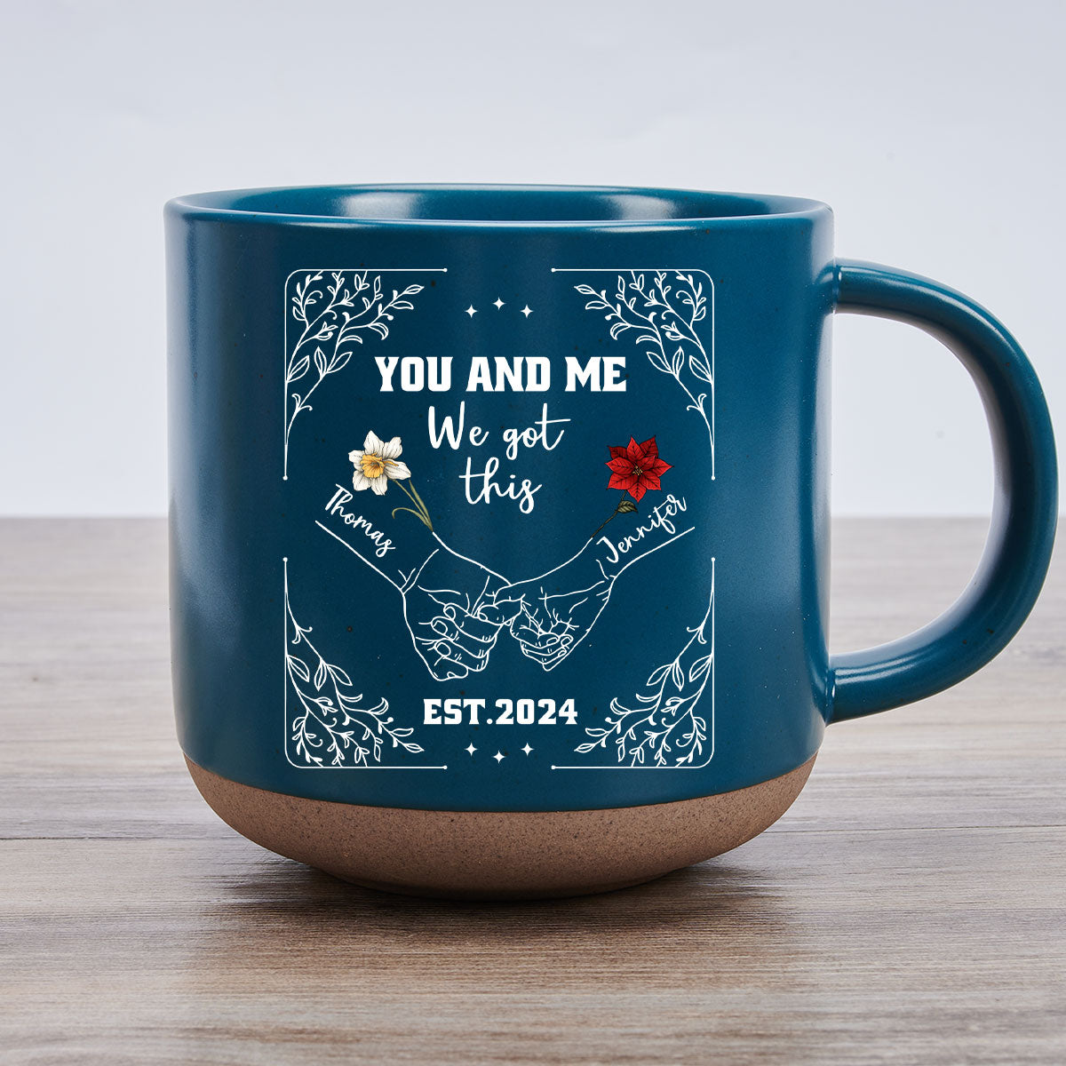 Birth Flower Hands In Hands - Personalized Custom Pottery Mug