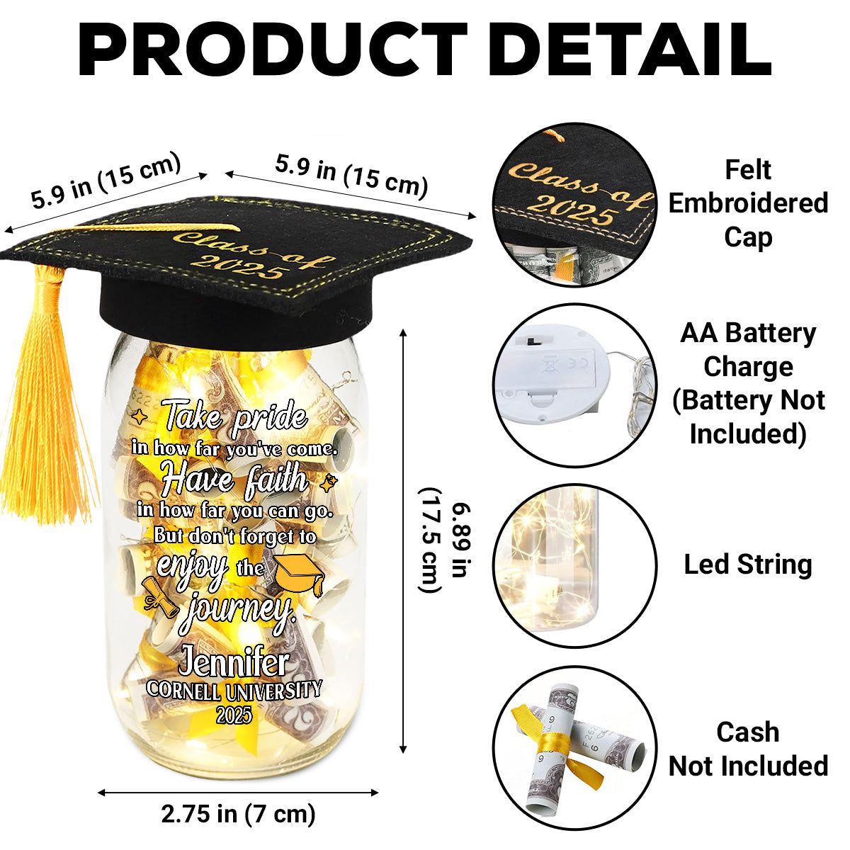 Take Pride In How Far You Have Come - Personalized Custom Graduation Mason Jar Light