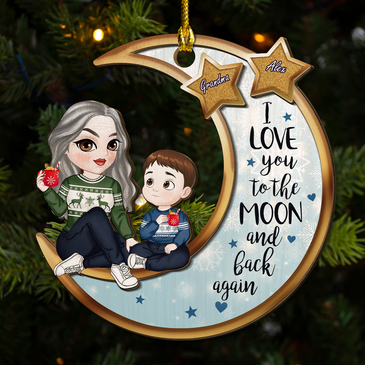 Grandparents And Grandkid On The Moon - Personalized Custom 2-Layered Wood Ornament