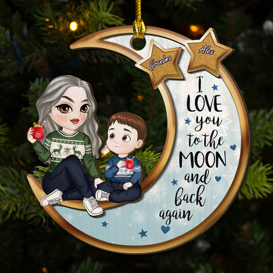 Grandparents And Grandkid On The Moon - Personalized Custom 2-Layered Wood Ornament