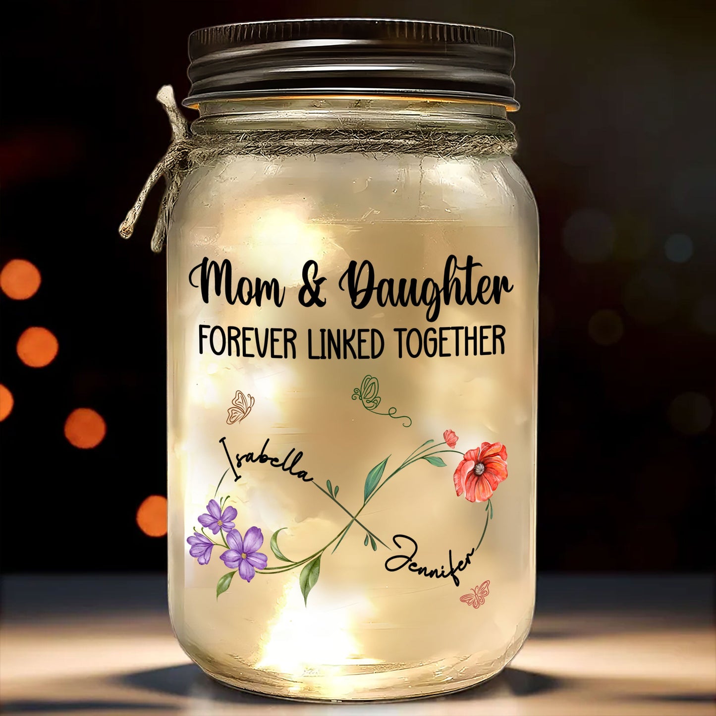 Mom And Daughter Forever Linked Together - Personalized Custom Mason Jar Light