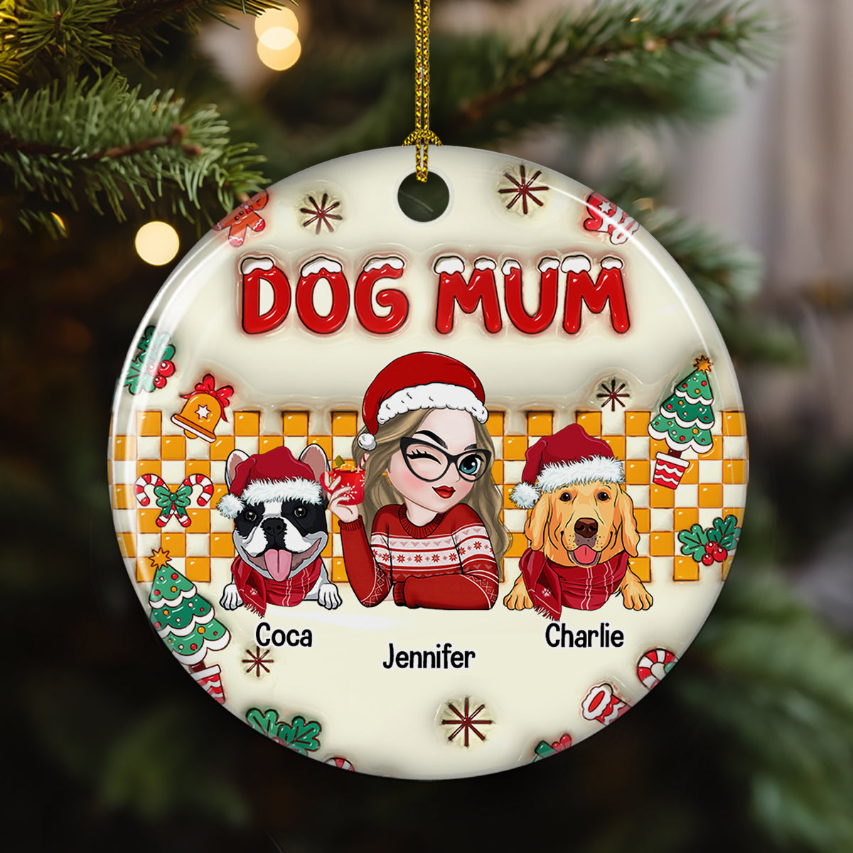 Dog Mom Snow - Personalized Custom 3D Inflated Effect Ceramic Ornament