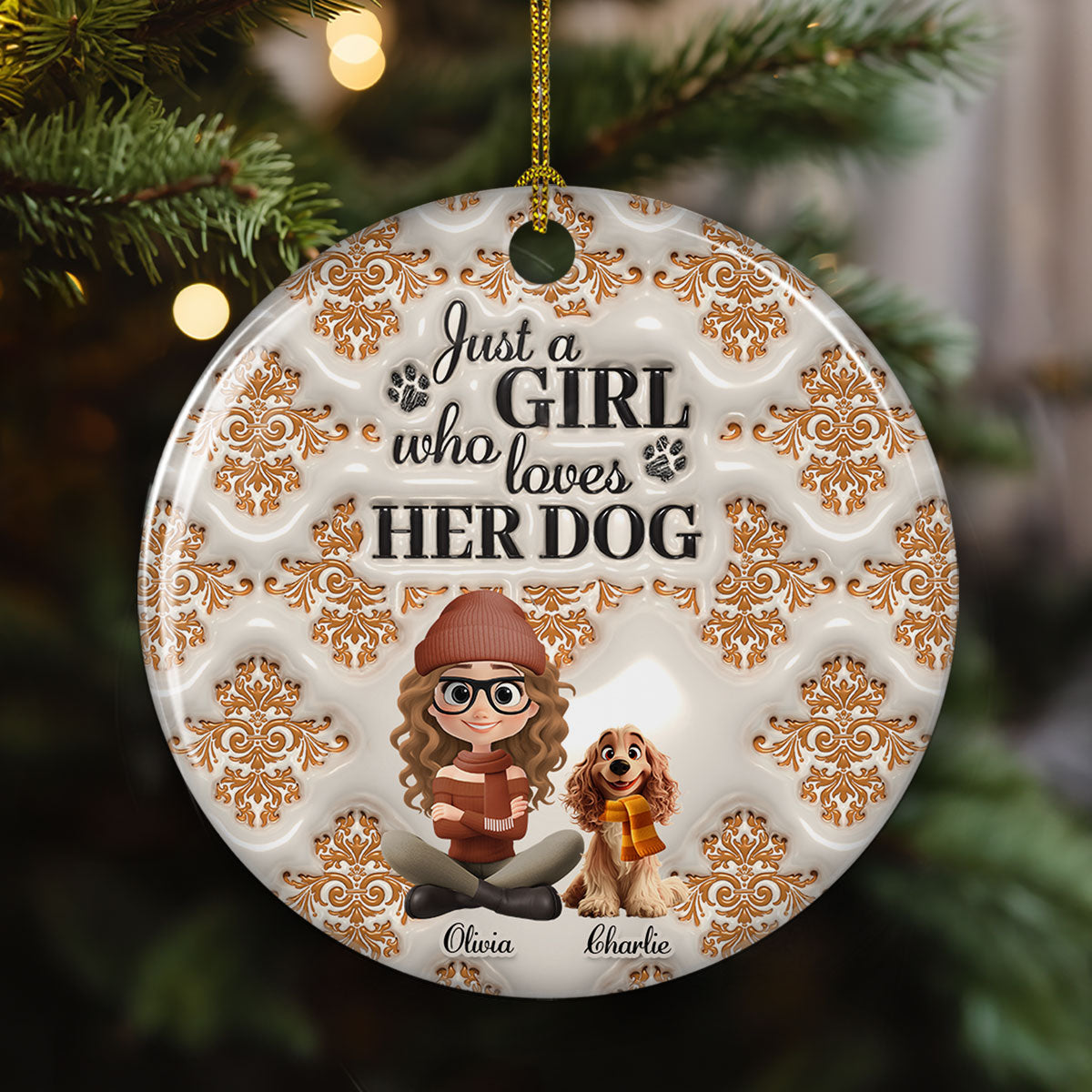 Pumskin Girl And Dog - Personalized Custom 3D Inflated Effect Ceramic Ornament