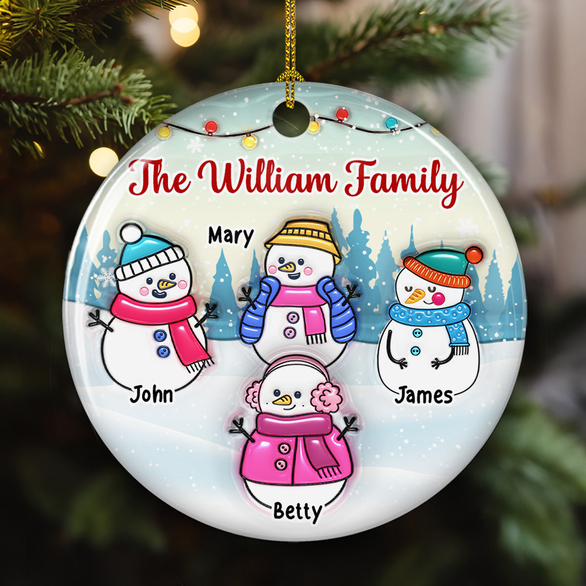 Snowman Family - Personalized Custom 3D Inflated Effect Ceramic Ornament