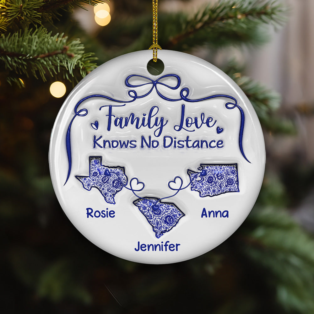 Family Love Knows No Distance Toile De Jouy - Personalized Custom 3D Inflated Effect Ceramic Ornament