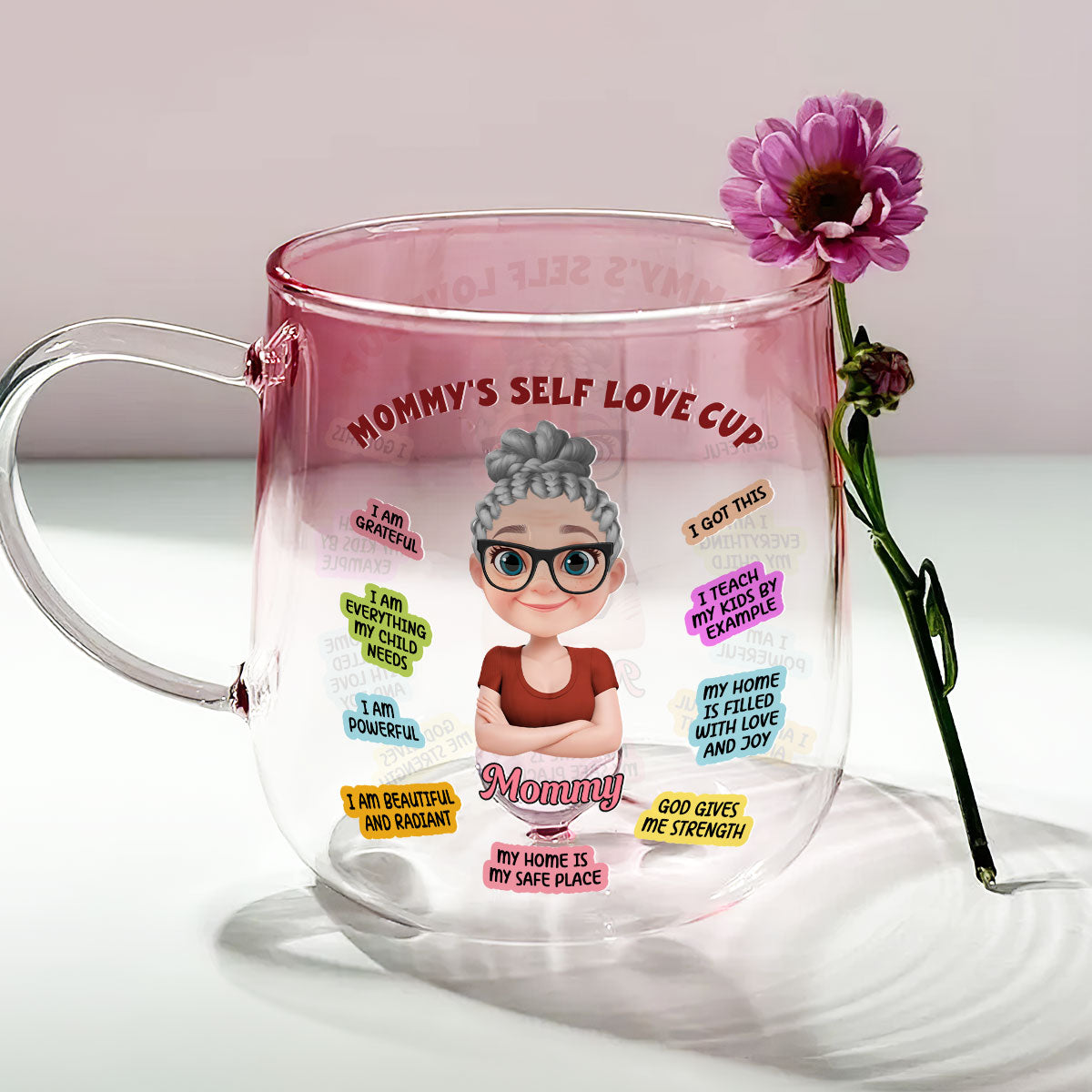 Mom Self Love Cup Version 2 - Personalized Custom Pink Gradient Glass Mug