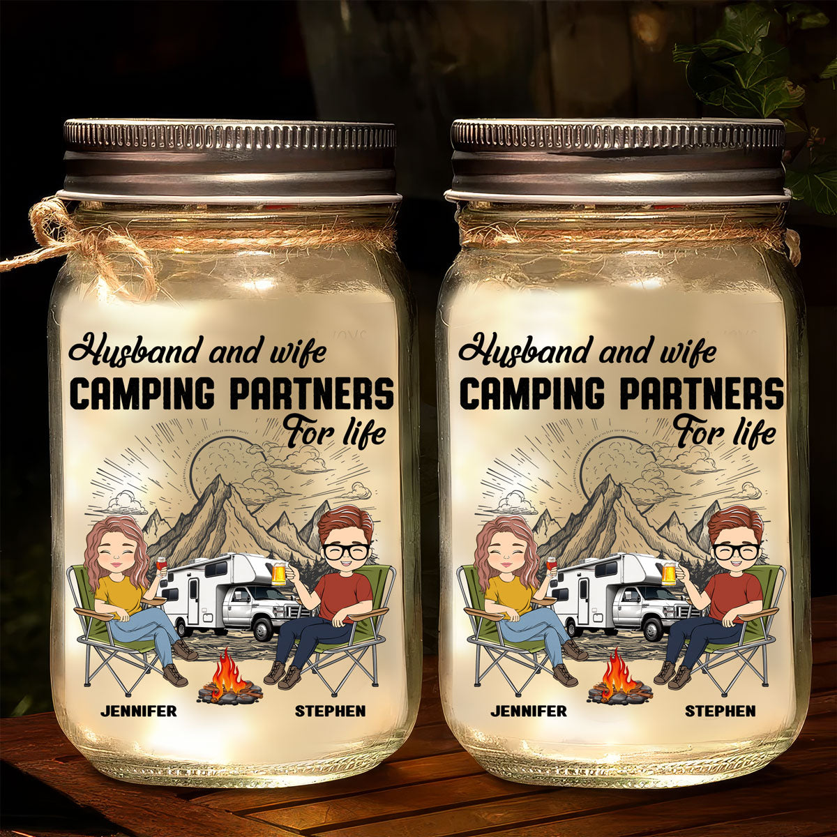 Husband And Wife Camping Partners For Life  - Personalized Custom Mason Jar Light