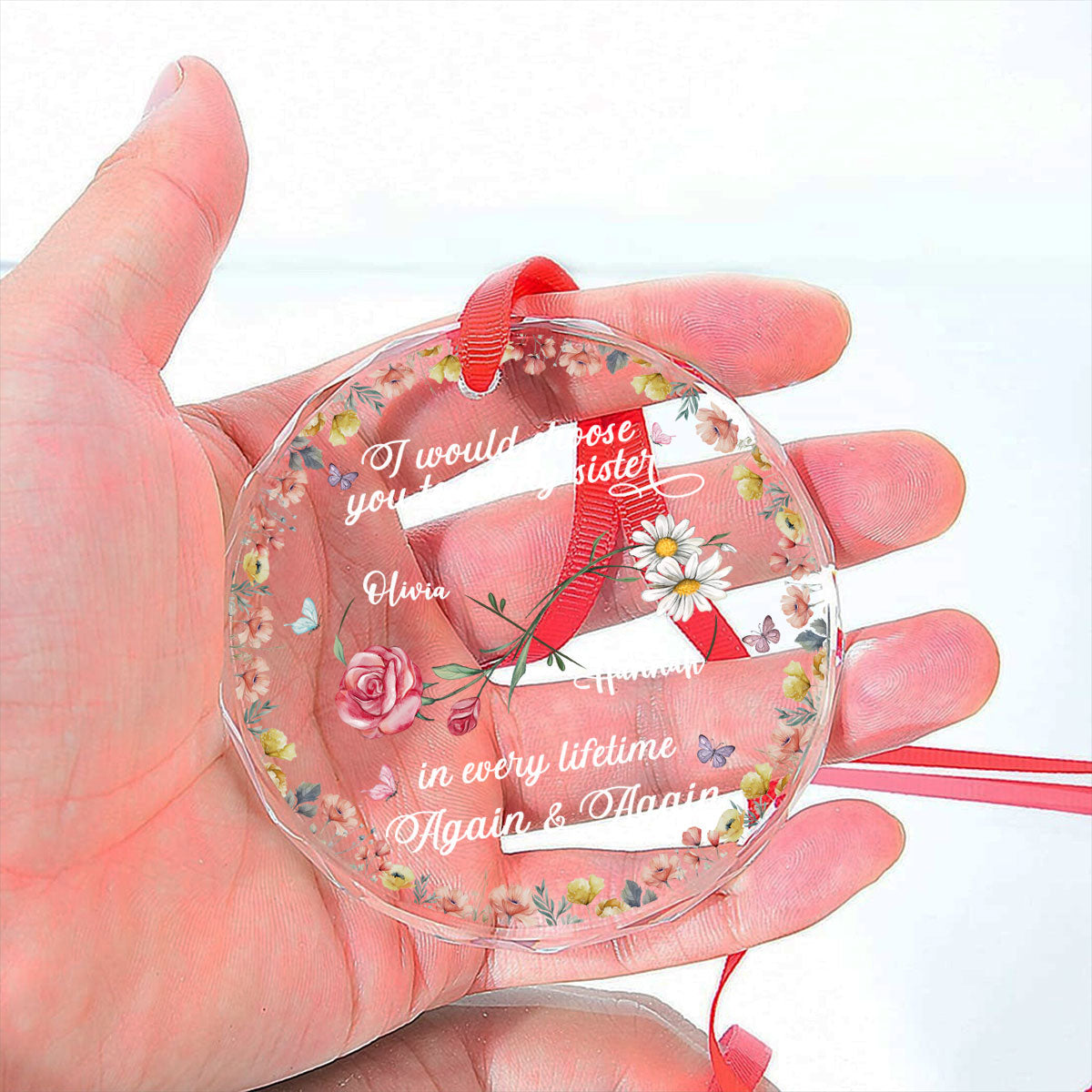 Love Between Sisters Never Ends - Personalized Custom Glass Ornament