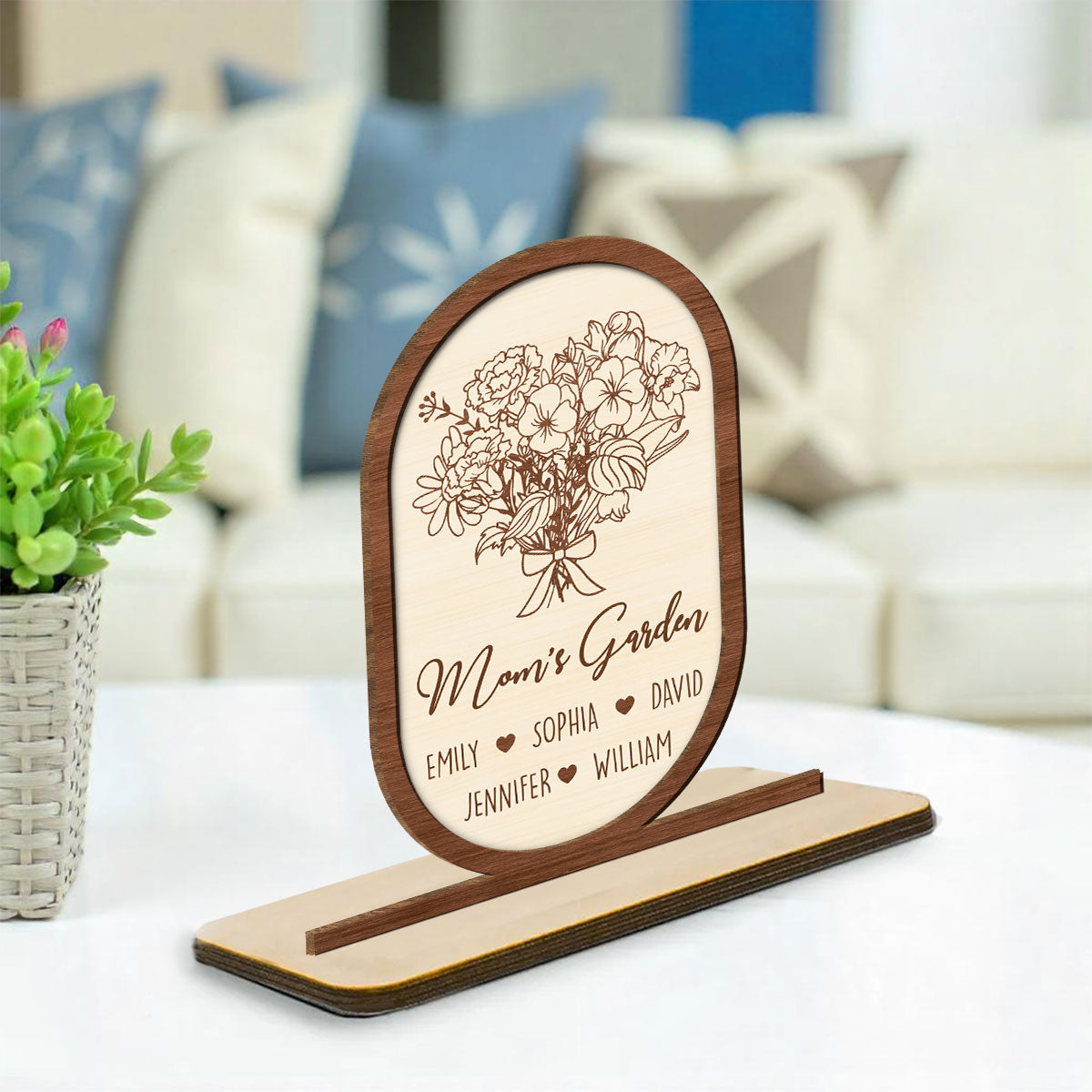 Floral With Family Names - Personalized Custom 2-Layer Wood Plaque With Flat Base