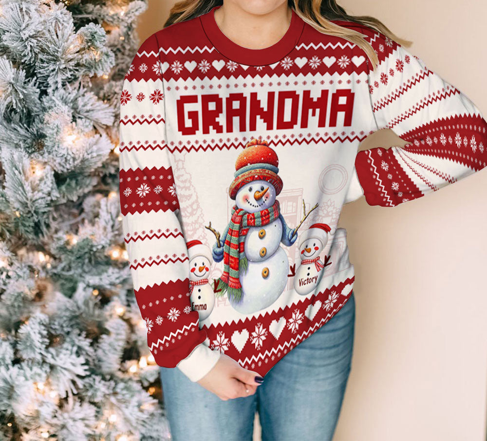 Grandma And Grandkids Snowman Christmas - Personalized Custom All-Over-Print Sweatshirt
