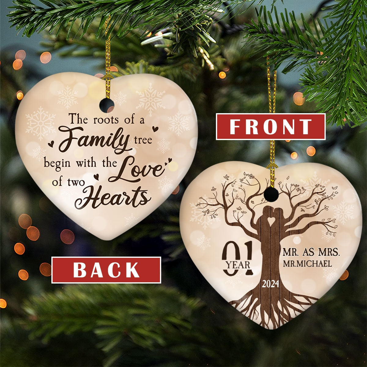 Wedding Anniversary Ornament - Personalized Custom Heart Ceramic Ornament