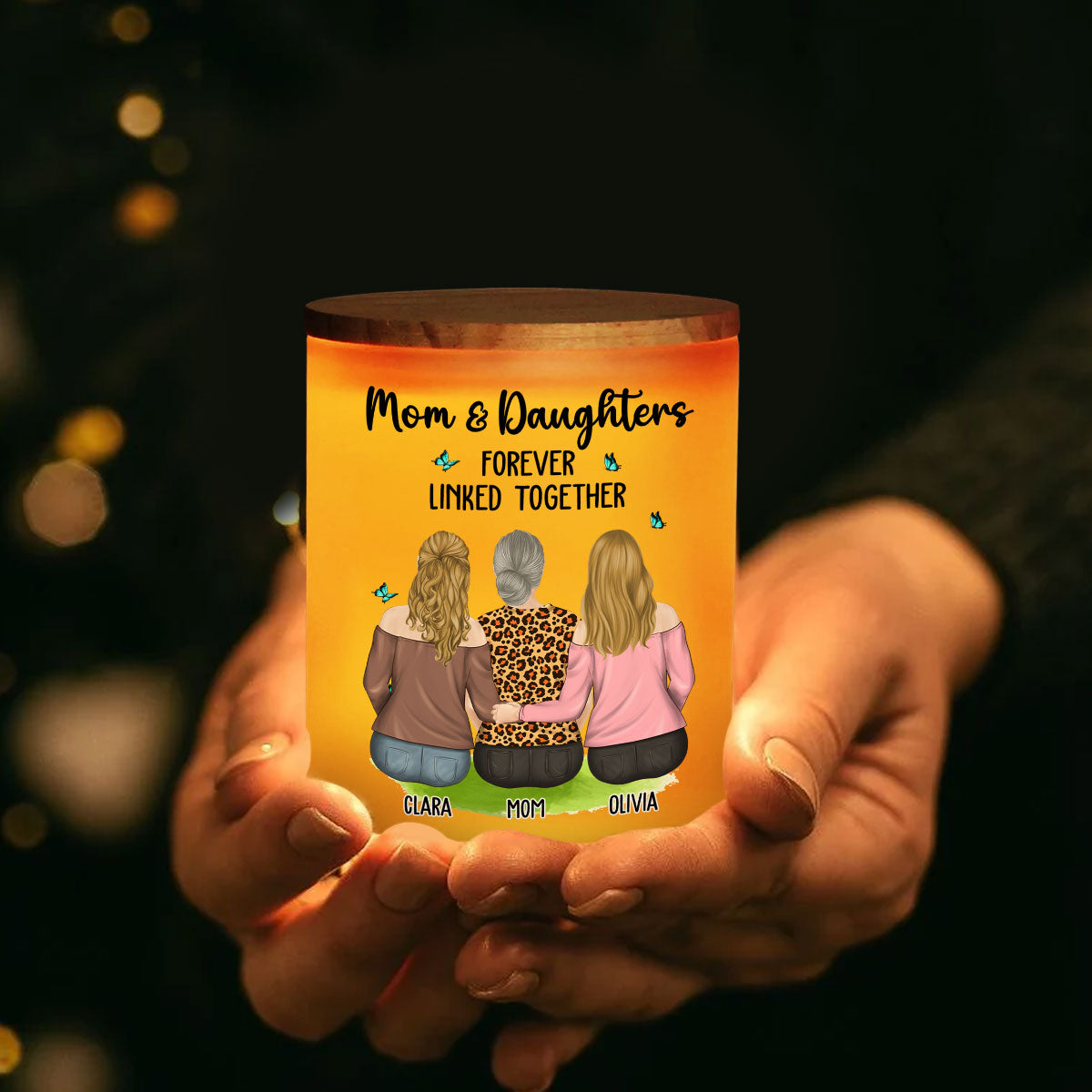 Mom And Children Forever Linked Together - Personalized Custom Glass Jar With LED Candle