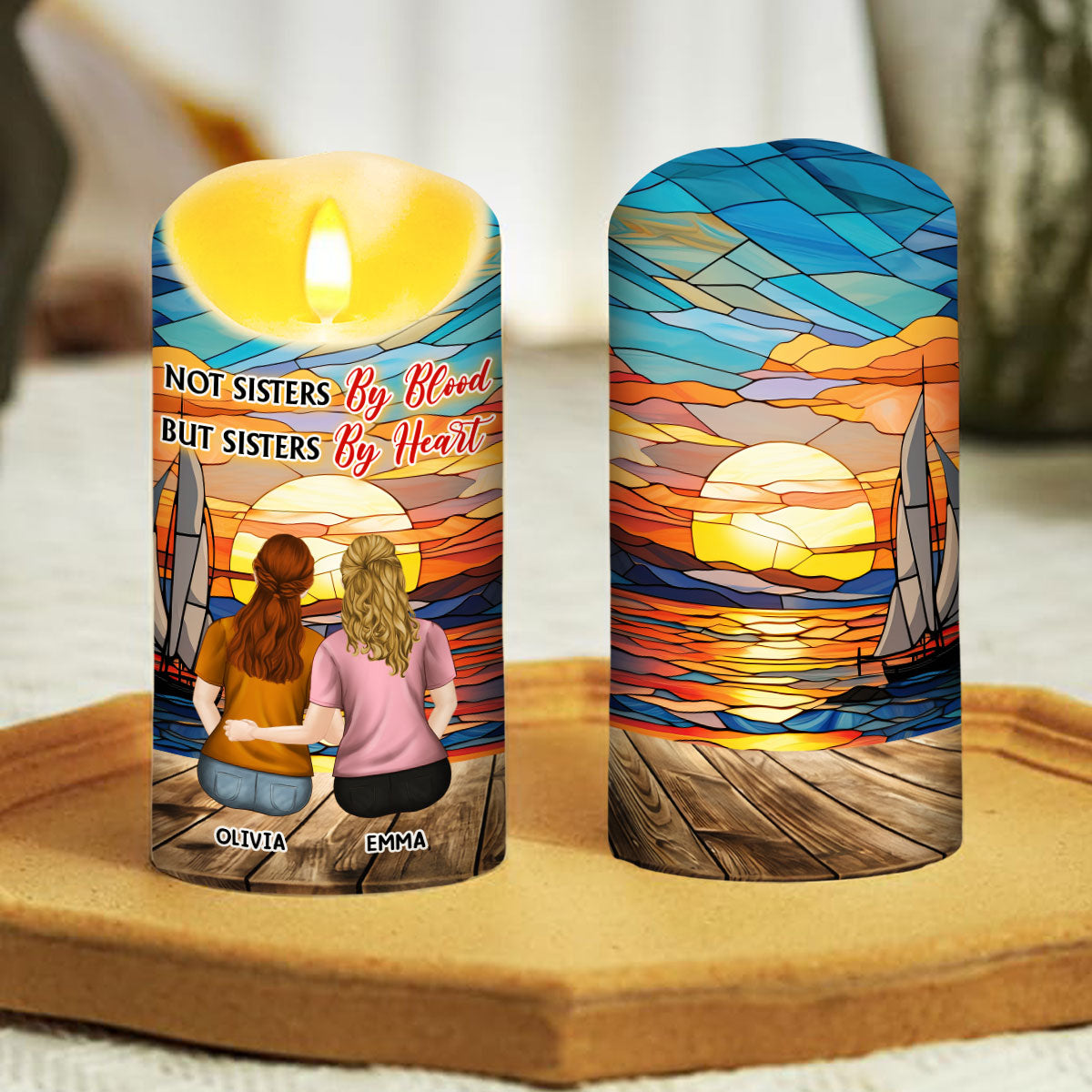 Not Sisters By Blood But Sisters By Heart - Personalized Custom LED Candle