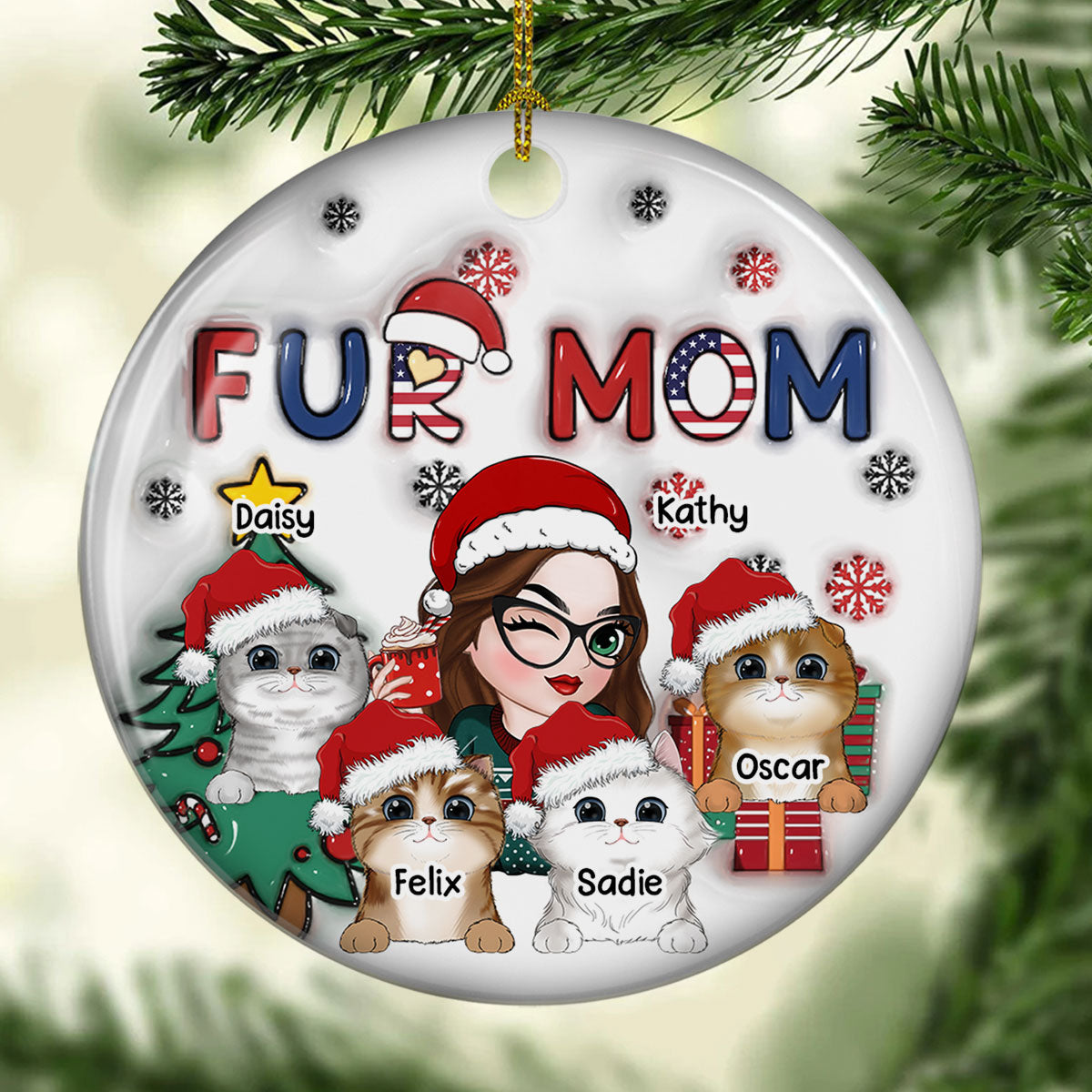 American Fur Mom Christmas -  Personalized Custom 3D Inflated Effect Ceramic Ornament