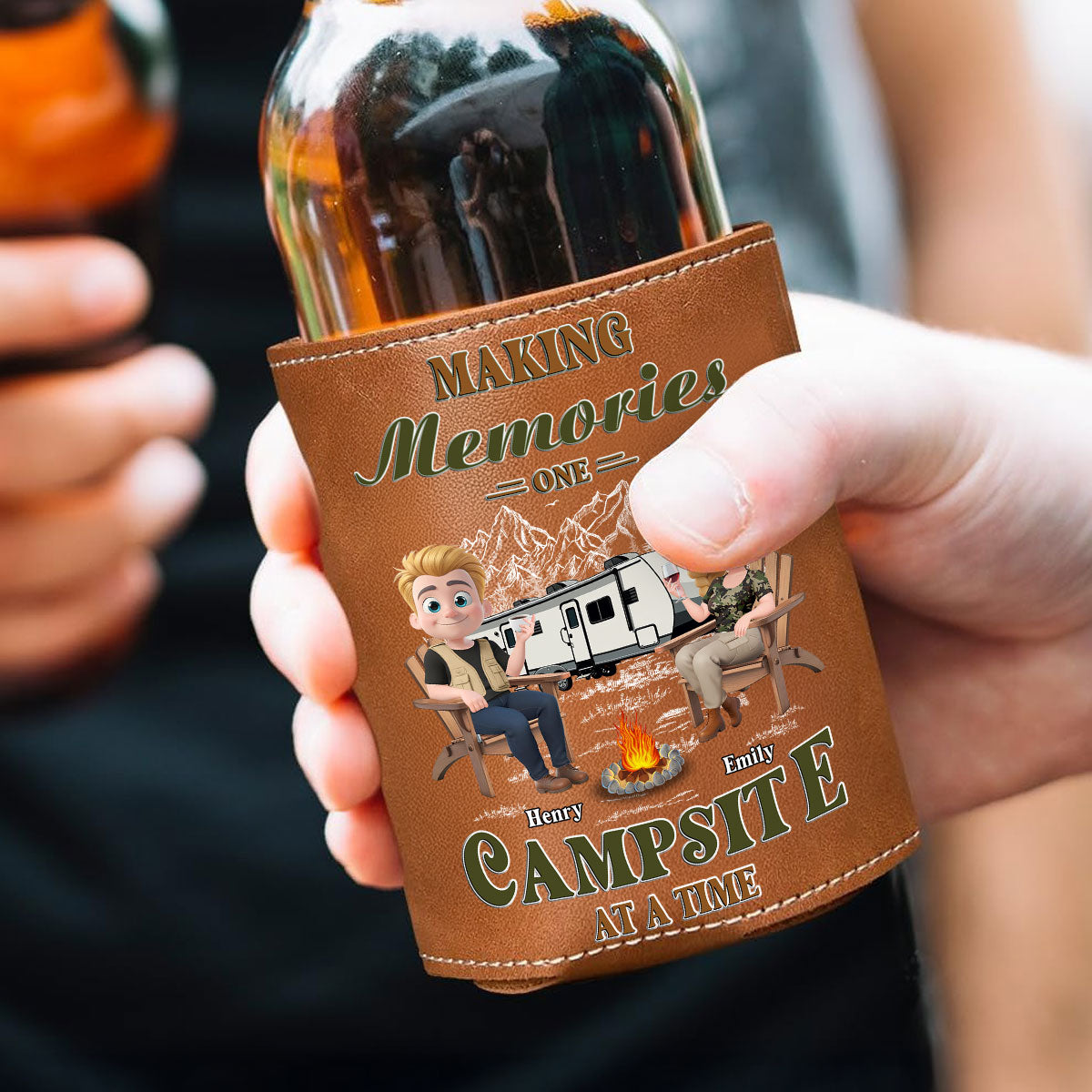 Memories At Campsite - Personalized Custom Leather Can Cooler Holder