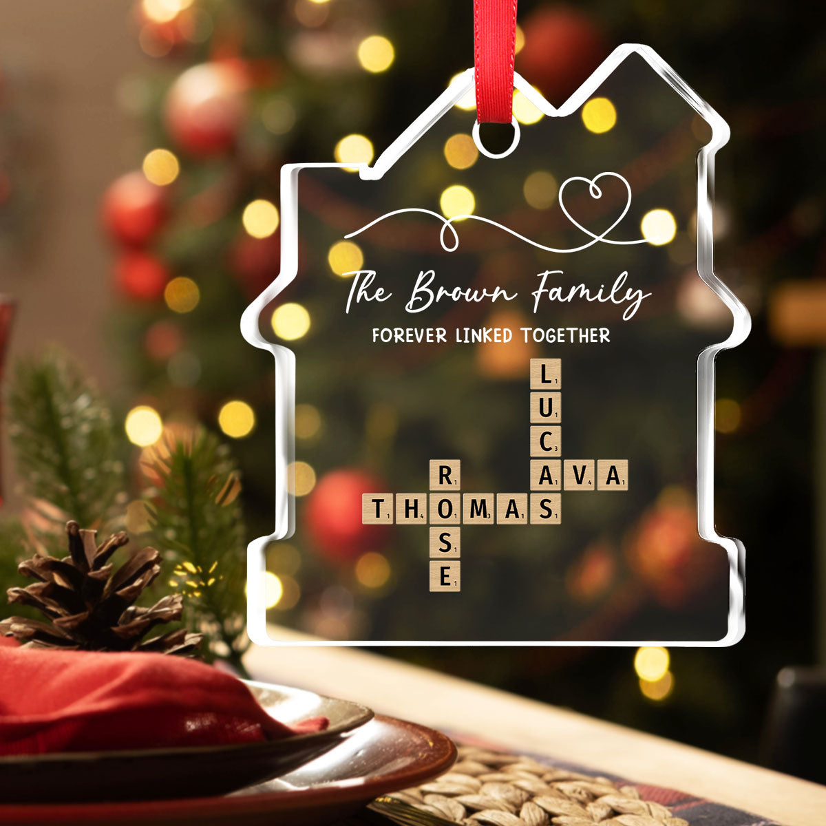 Family Hearts Forever Linked Together - Personalized Custom House Shaped Glass Ornament