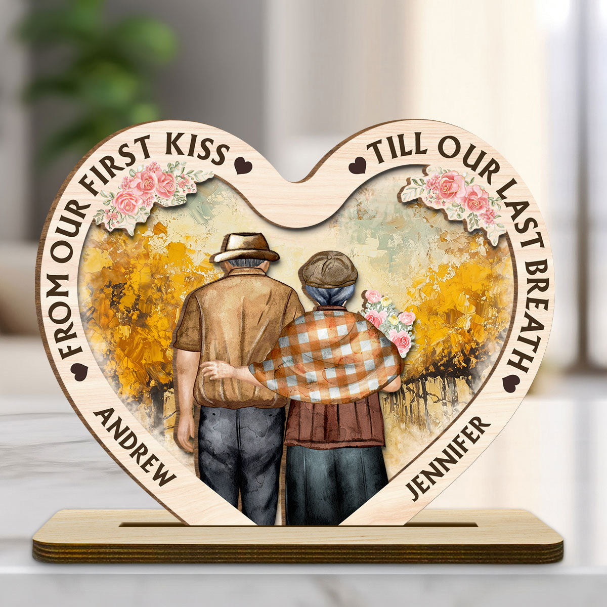 Our First Kiss - Personalized Custom 2-Layer Wood Plaque With Flat Base