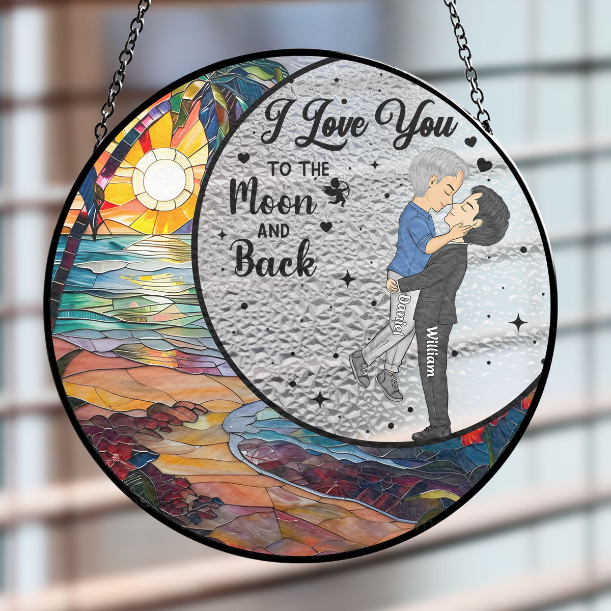 Love You To The Moon And Back - Personalized Custom Stained Glass Window Hanging Suncatcher