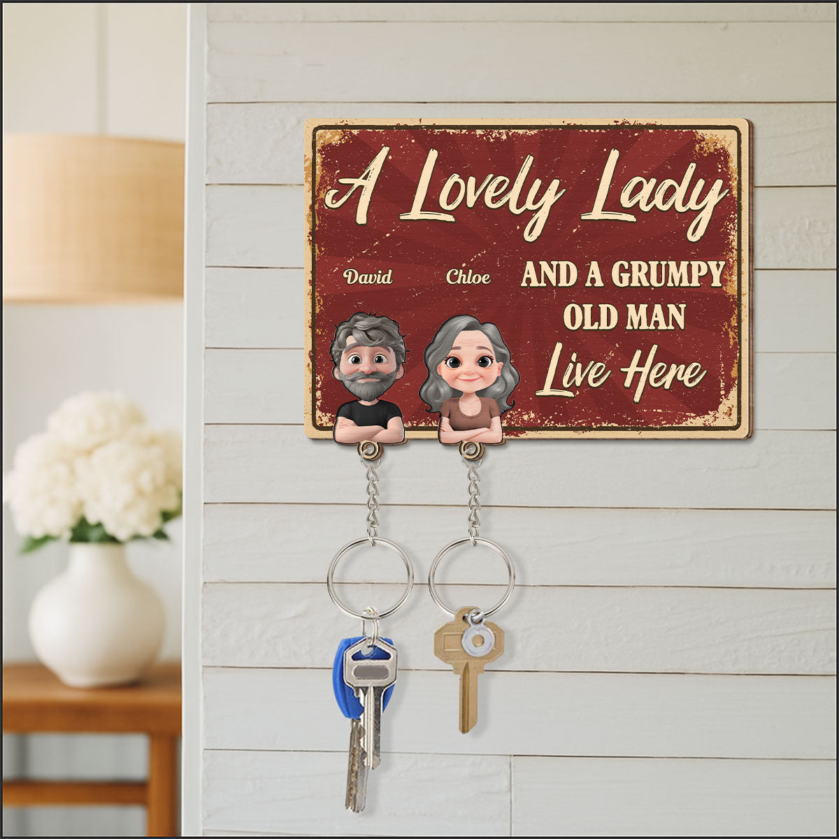 A Lovely Lady And A Grumpy Man - Personalized Custom Wooden Key Holder With Keychain