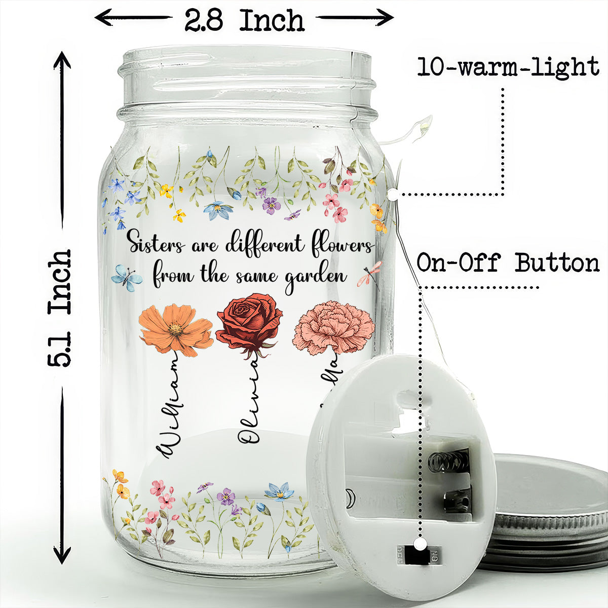 Sisters Are Different Flowers From The Same Garden - Personalized Custom Mason Jar Light