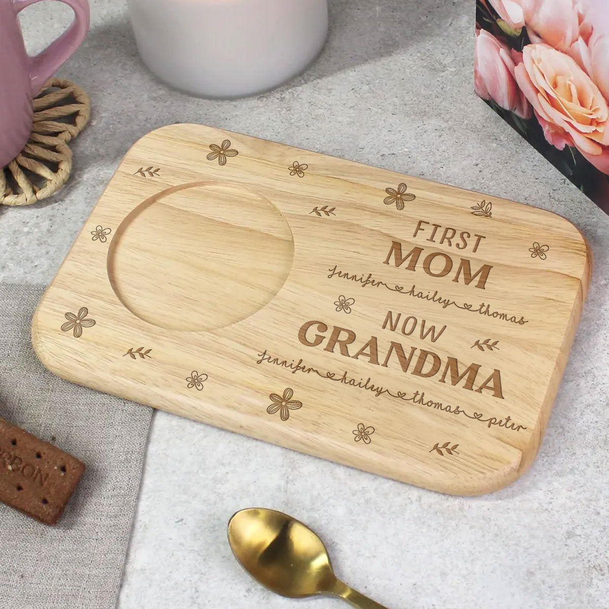 First Mom Now Grandma Version 2 - Personalized Custom Wooden Treat Board