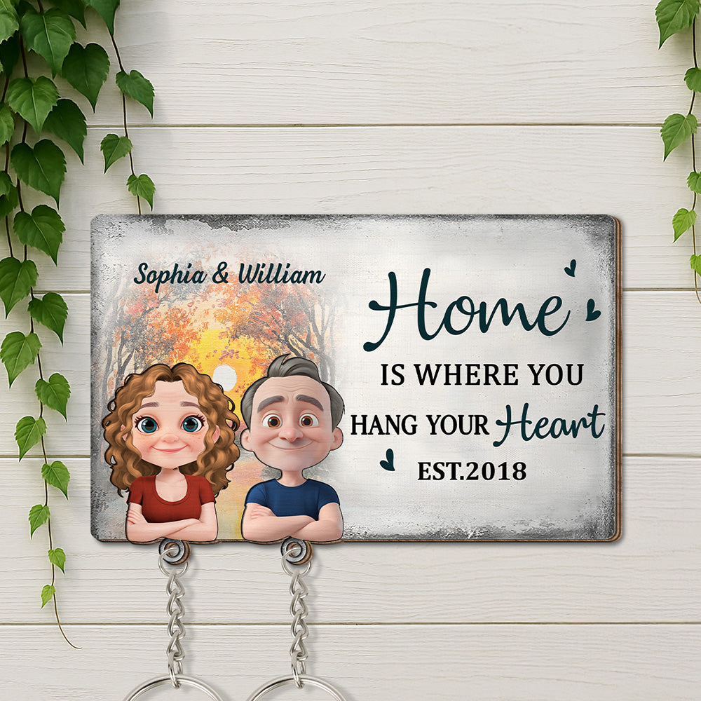 Home Is Where You Hang Your Heart - Personalized Custom Wooden Key Holder With Keychain
