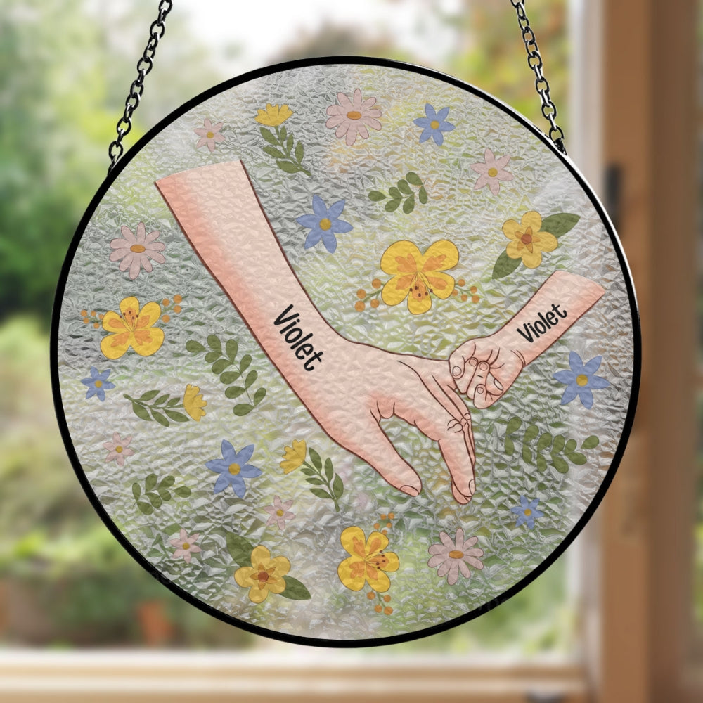Mom Hold My Hand Also My Heart - Personalized Custom Window Hanging Suncatcher