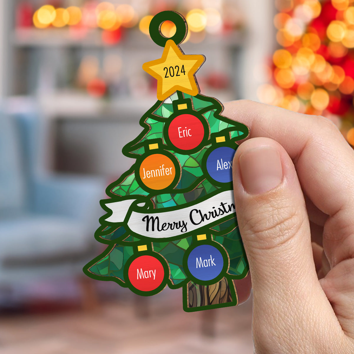 Christmas Tree Family Name - Personalized Custom Suncatcher Ornament