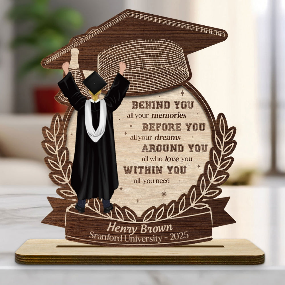 Happy Graduation We Love You - Personalized Custom 2-Layer Wood Plaque With Flat Base